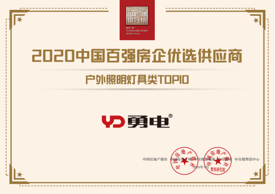 见证勇电照明荣获2020中国百强房企优选供应商户外照明灯具类top10